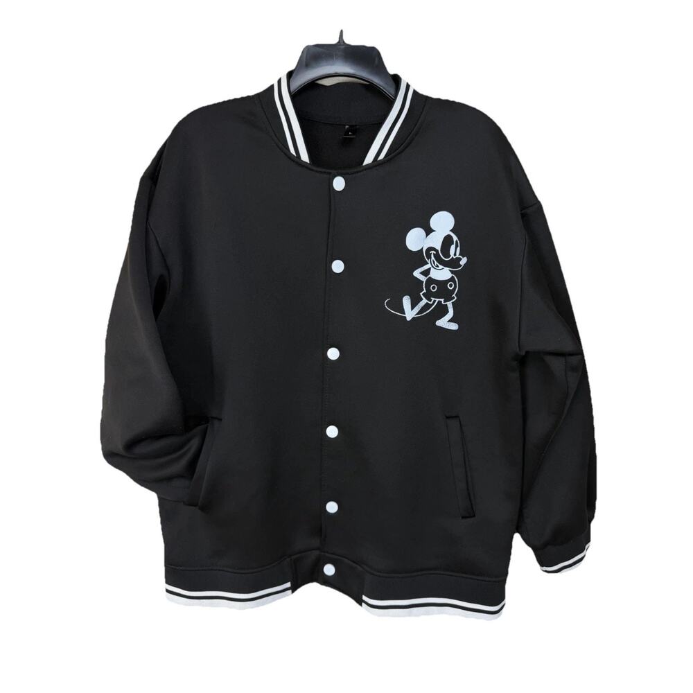 Adult Mickey Mouse Bomber Jacket Sz L Unbranded Snap Front Black White Trim